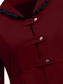 SHEIN Clasi Plus Lace Up Back Frog Button High Low Coat - Burgundy - View 3