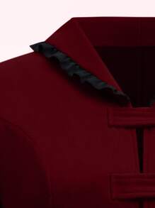 SHEIN Clasi Plus Lace Up Back Frog Button High Low Coat - Burgundy - View 4