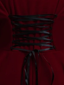 SHEIN Clasi Plus Lace Up Back Frog Button High Low Coat - Burgundy - View 6