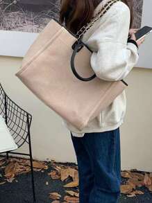 撞色滾邊鏈條肩帶托特包 - 米色 - 查看 3