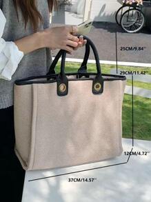 撞色滾邊鏈條肩帶托特包 - 米色 - 查看 4