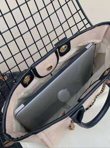 撞色滾邊鏈條肩帶托特包 - 米色 - 查看 5