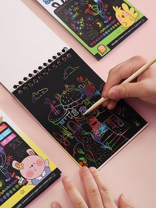 1pc Scratch Art Book, 10 Sheets Scratch Art Paper With 1pc Pen, Black Scratch It Off Paper Craft