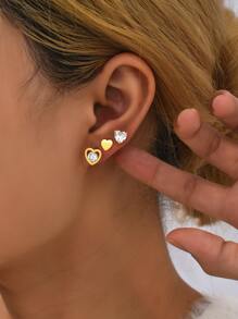 3對方晶鋯石愛心設計耳釘 - 彩色 - 查看 3