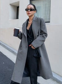 DAZY Lapel Neck Double Breasted Overcoat - Dark Grey - View 1