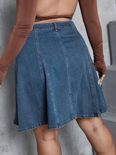 SHEIN ICON 高腰翻领牛仔半身裙，夏季