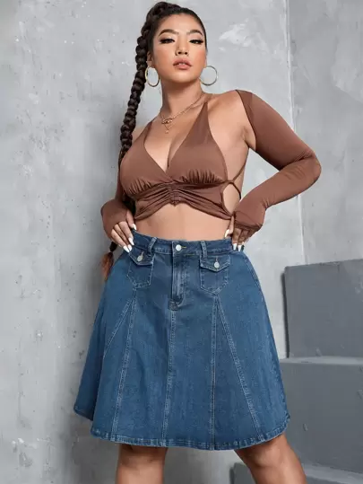 SHEIN ICON 高腰翻领牛仔半身裙，夏季