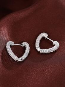 方晶鋯石心形圓耳環 - 銀色 - 查看 2
