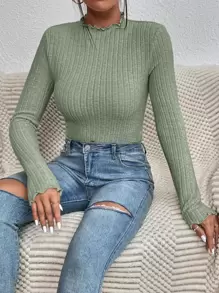 SHEIN Essnce Lettuce Trim Ribbed Knit Bodysuit - Green - View 4