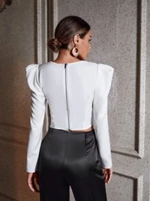 SHEIN BAE Áo sơ mi nữ màu trơn Thanh lịch - trắng - Xem 2