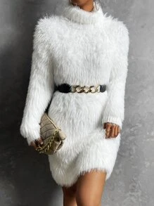 SHEIN Privé Turtleneck Fuzzy Jumper Dress Without Belt - White - View 7