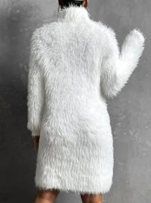 SHEIN Privé Turtleneck Fuzzy Jumper Dress Without Belt - White - View 2