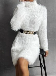 SHEIN Privé Turtleneck Fuzzy Jumper Dress Without Belt - White - View 4