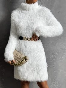 SHEIN Privé Turtleneck Fuzzy Jumper Dress Without Belt - White - View 1