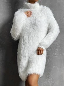 SHEIN Privé Turtleneck Fuzzy Jumper Dress Without Belt - White - View 6