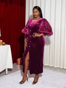 大碼燈籠袖前紐扣高衩絲絨連衣裙 - 中紫紅色 - 查看 3