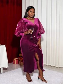 大碼燈籠袖前紐扣高衩絲絨連衣裙 - 中紫紅色 - 查看 5