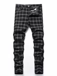 Herren Karomuster Jeans ohne Gürtel mit Reißverschluss-Tasche - Schwarz - Übersicht 1
