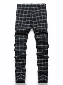 Herren Karomuster Jeans ohne Gürtel mit Reißverschluss-Tasche - Schwarz - Übersicht 2