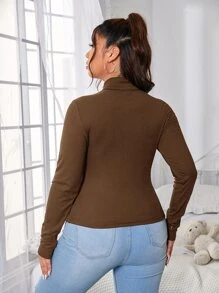 SHEIN Essnce 大碼條紋針織高領T恤 - 卡其色 - 查看 2