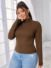 SHEIN Essnce 大碼條紋針織高領T恤 - 卡其色 - 查看 4