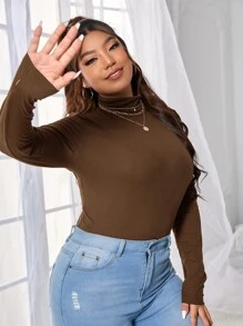 SHEIN Essnce 大碼條紋針織高領T恤 - 卡其色 - 查看 5