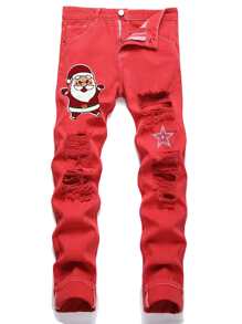 Men Christmas Patched Ripped Jeans - Red - View 1