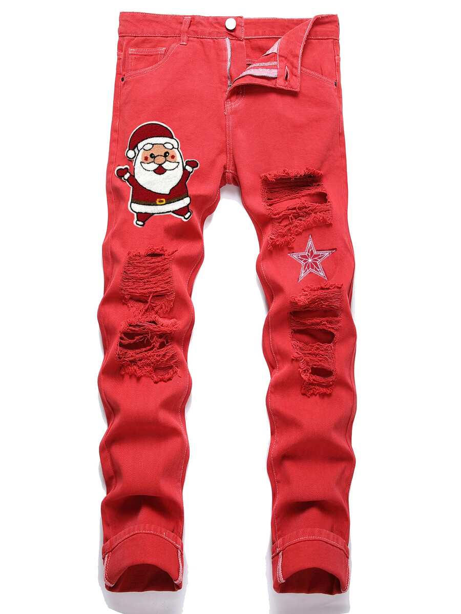 Men Christmas Patched Ripped Jeans - Red - View 1