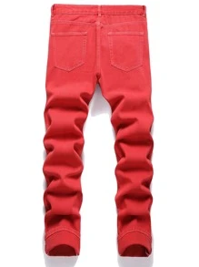 Men Christmas Patched Ripped Jeans - Red - View 2