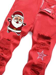Men Christmas Patched Ripped Jeans - Red - View 7