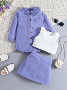 小女童口袋貼布襯衫和背心上衣和半身裙 - 彩色 - 查看 1