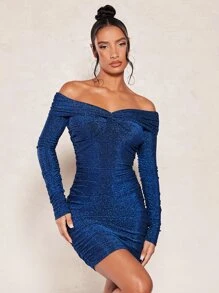 SHEIN BAE Off Shoulder Twist Front Glitter Bodycon Dress - Navy Blue - View 1