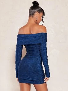 SHEIN BAE Off Shoulder Twist Front Glitter Bodycon Dress - Navy Blue - View 2