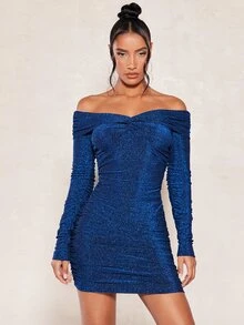 SHEIN BAE Off Shoulder Twist Front Glitter Bodycon Dress - Navy Blue - View 4