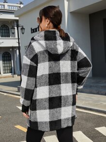 SHEIN EZwear Plus Buffalo Plaid Print Drop Shoulder Hooded Flannel Coat