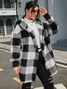 SHEIN EZwear Plus Buffalo Plaid Print Drop Shoulder Hooded Flannel Coat