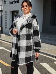 SHEIN EZwear Plus Buffalo Plaid Print Drop Shoulder Hooded Flannel Coat