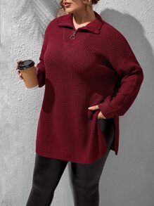 SHEIN LUNE 加大码四分之一拉链落肩开衩下摆针织套头衫，秋冬款 - 紫紅色 - 查看 1