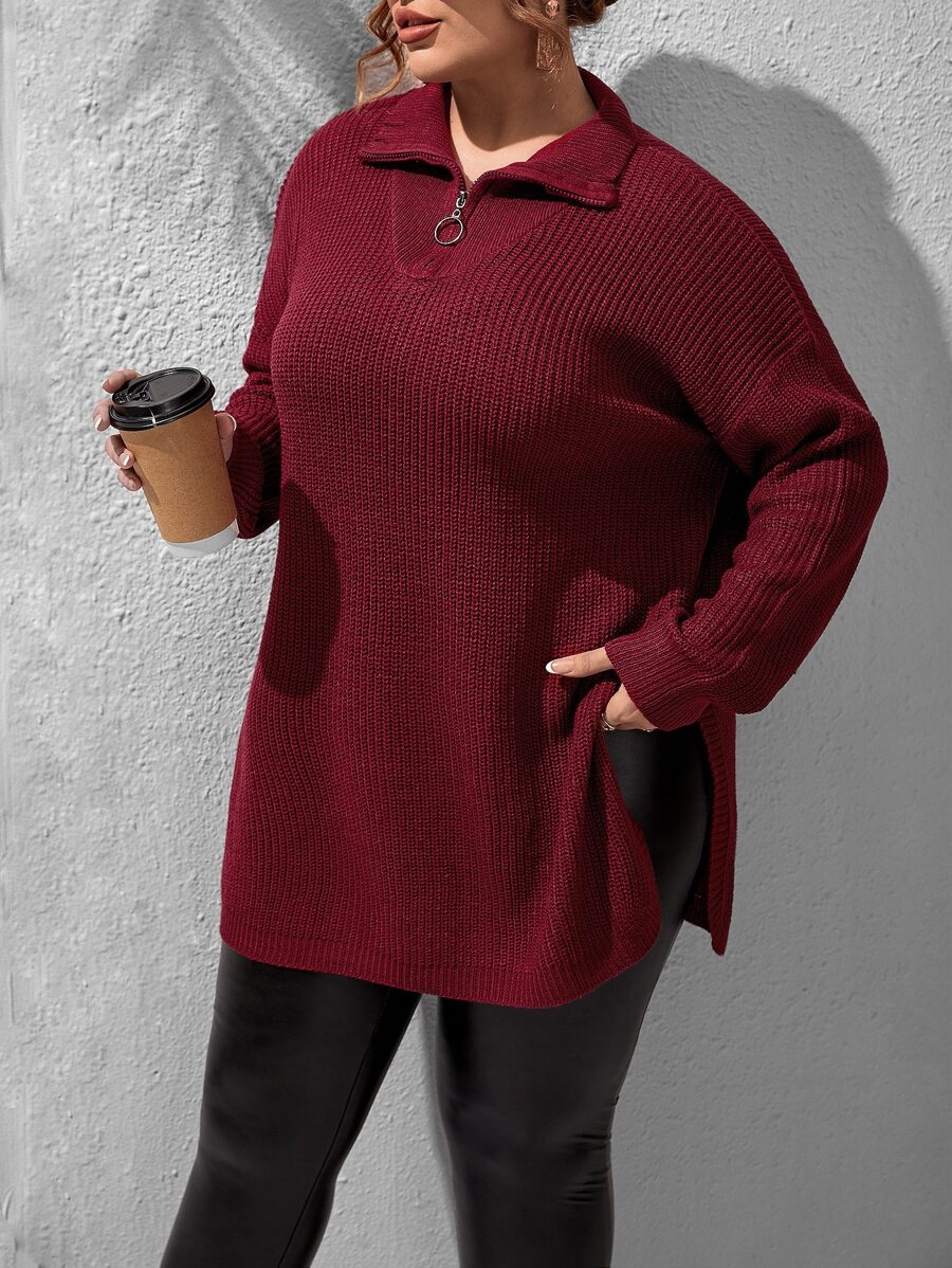 SHEIN LUNE 加大码四分之一拉链落肩开衩下摆针织套头衫，秋冬款 - 紫紅色 - 查看 1