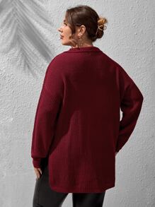 SHEIN LUNE 加大码四分之一拉链落肩开衩下摆针织套头衫，秋冬款 - 紫紅色 - 查看 2