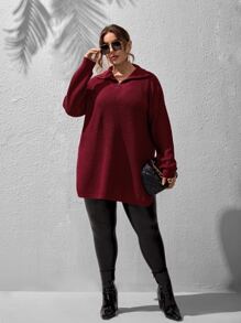 SHEIN LUNE 加大码四分之一拉链落肩开衩下摆针织套头衫，秋冬款 - 紫紅色 - 查看 3