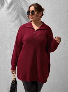 SHEIN LUNE 加大码四分之一拉链落肩开衩下摆针织套头衫，秋冬款 - 紫紅色 - 查看 4
