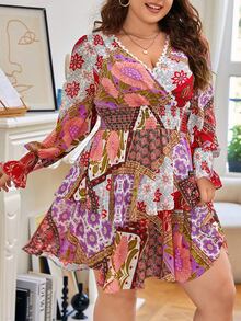 SHEIN VCAY Plus Floral Print Flounce Sleeve Ruffle Hem Dress - Multicolor - View 3