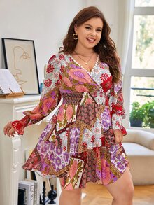 SHEIN VCAY Plus Floral Print Flounce Sleeve Ruffle Hem Dress - Multicolor - View 5