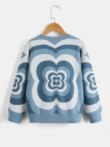 Girls Floral Pattern Drop Shoulder Jumper - Blue and White - View 2