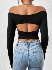 SHEIN BAE Off Shoulder Cut Out Crop Tee - Black - View 3