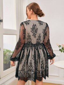 SHEIN Privé Vestido de cuello cruzado de manga farol con encaje - Multicolor - Ver 2