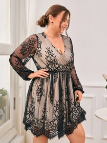 SHEIN Privé Vestido de cuello cruzado de manga farol con encaje - Multicolor - Ver 4