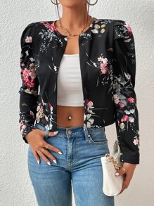 Floral Print Gigot Sleeve Open Front Crop Jacket - Black - View 1