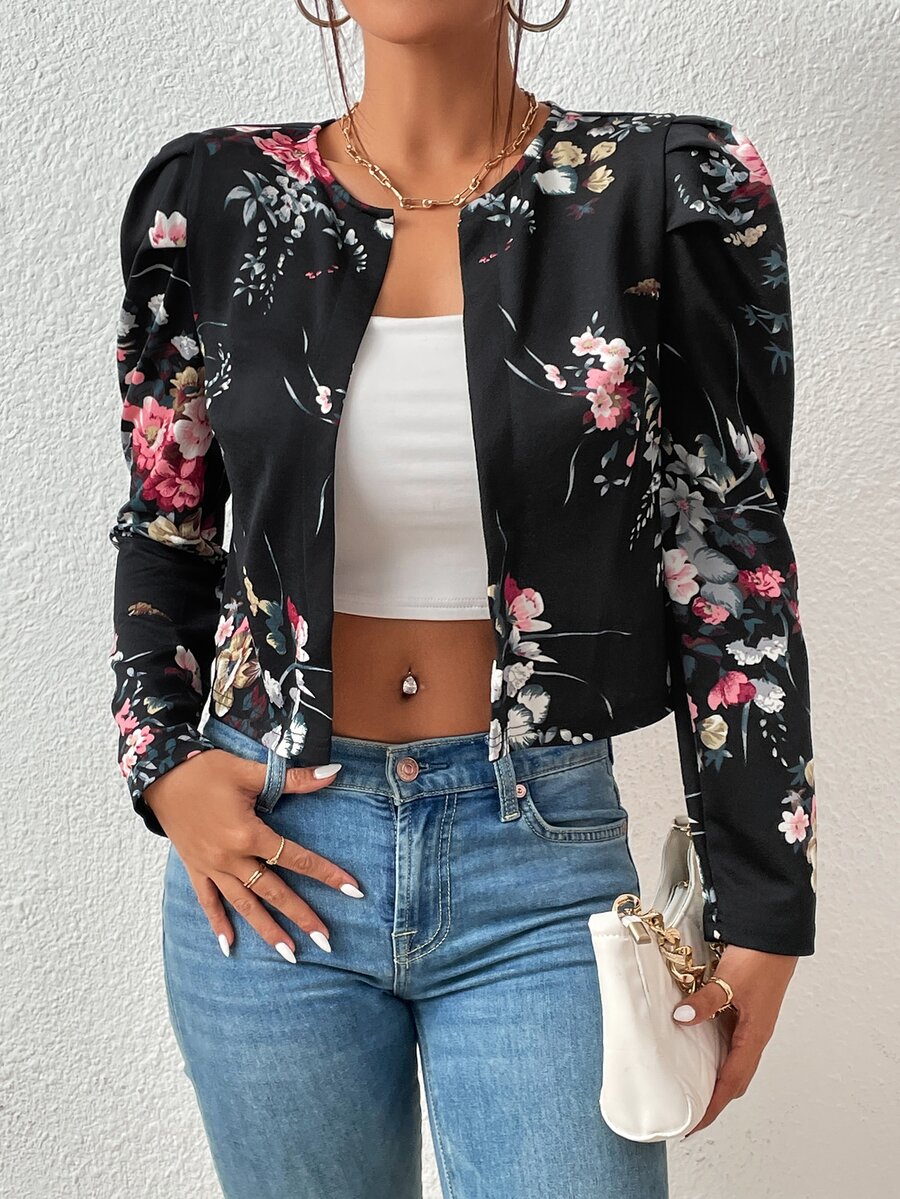 Floral Print Gigot Sleeve Open Front Crop Jacket - Black - View 1